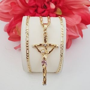Tri Color Large Crucifix Gold Plated Necklace